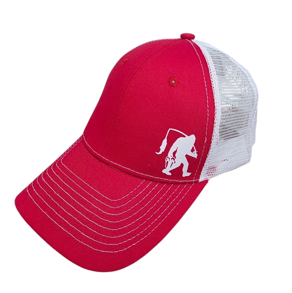 Bigfoot Gone Fishing Red & White Mesh Trucker Hat Adjustable Strap